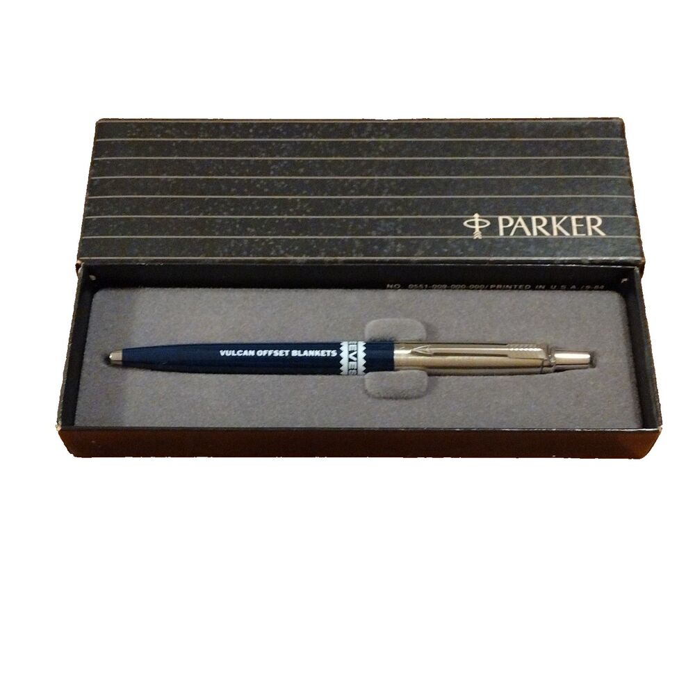 Parker Jotter Ballpoint Pen Navy Blue USA VTG 1984 Reeves Vulcan Advertising Box
